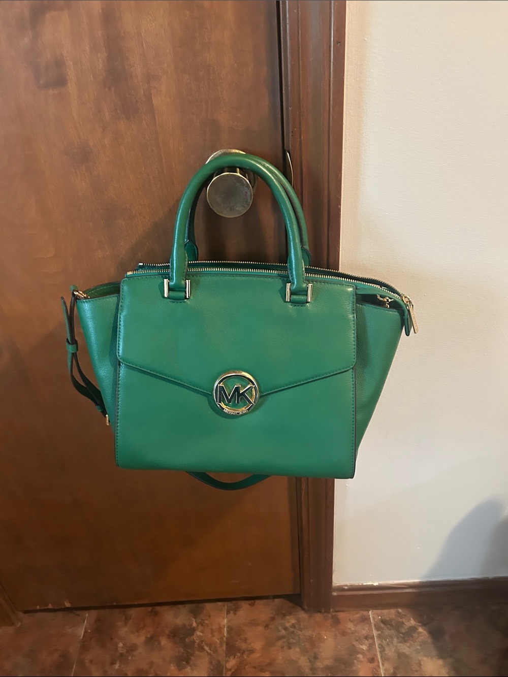 MICHAEL Michael Kors Green Leather Satchel with MK Medallion
